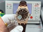 High Quality Replica AUDEMARS PIGUET Royal Oak Brown Leather Strap Brown Grande Tasserie Grid Pattern Face Dial Rose Gold Stainless Steel Diamond Inlaid Case Watch 33mm